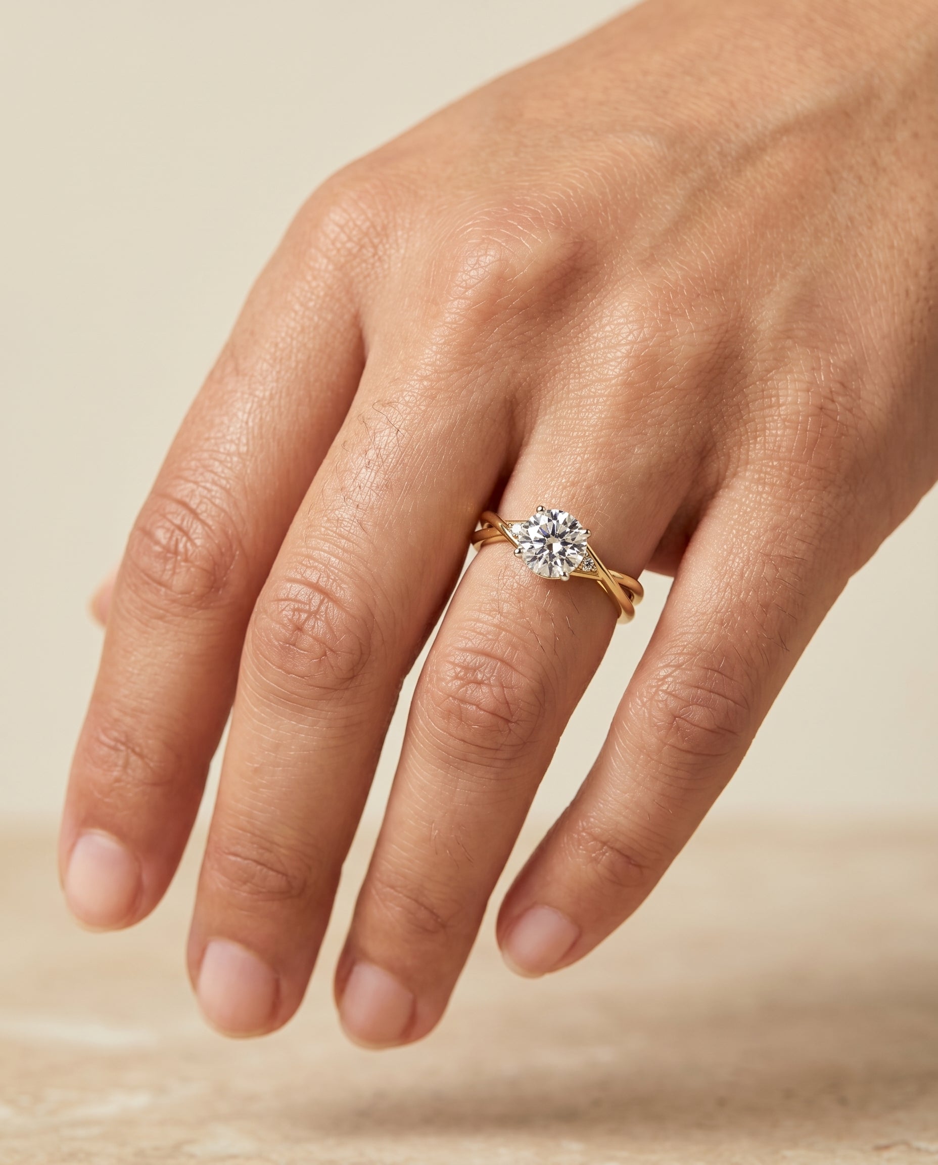 Dusty Select Hidden Halo Solitaire Round Lab Diamond Engagement Ring in 18K Yellow Gold, shown on hand | RockHer