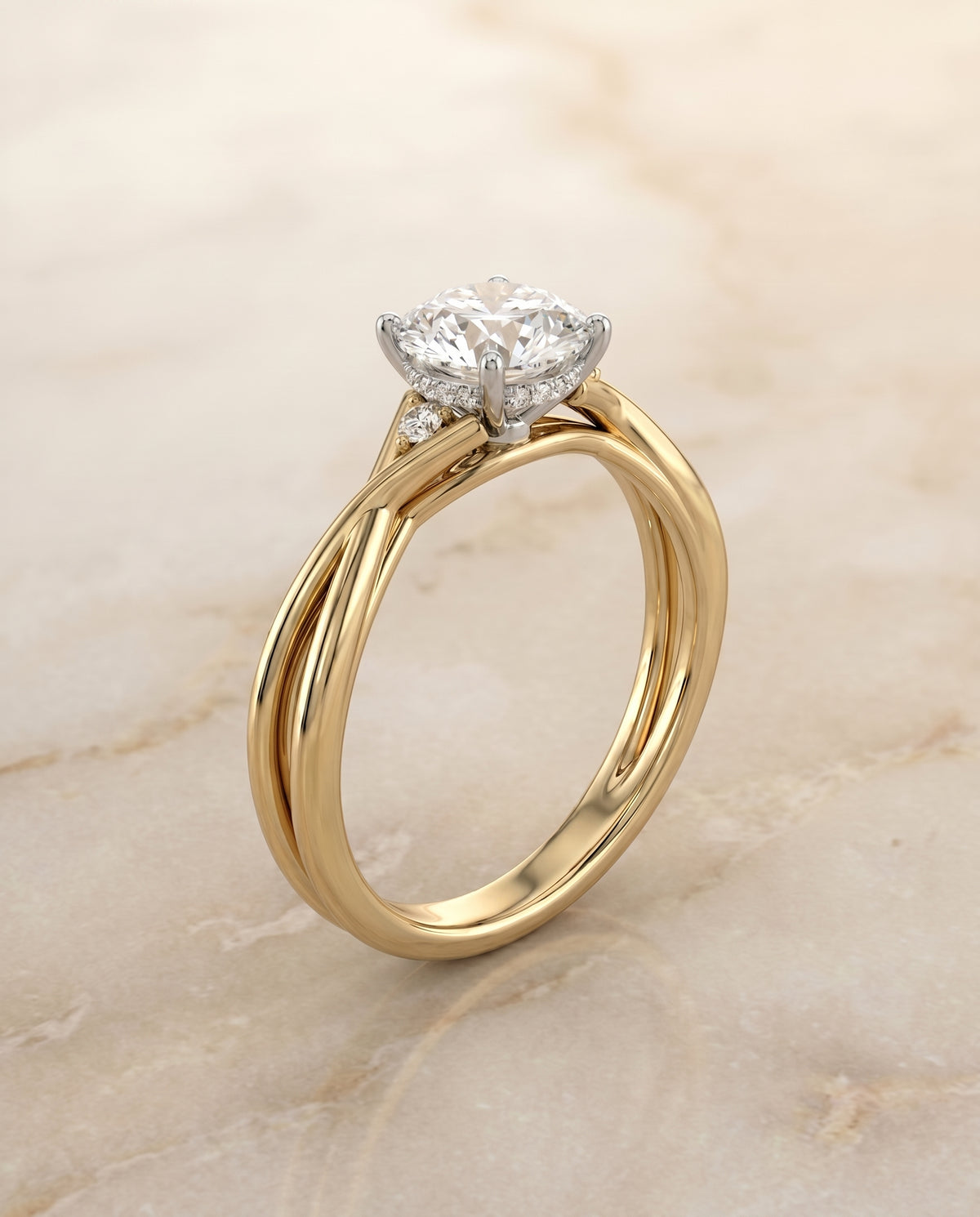 The Dusty Twisted Hidden Halo Solitaire Engagement Ring Setting for Round Diamonds in 18K Yellow Gold | RockHer