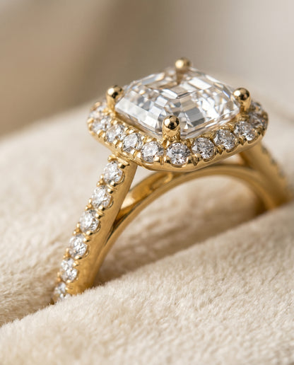 The Dylan Petite French Pavé Halo Asscher Cut Engagement Ring Setting in 18K Yellow Gold