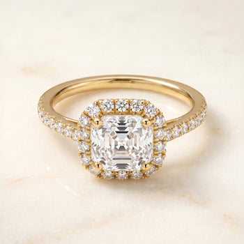 The Dylan Petite French Pavé Halo Asscher Cut Engagement Ring Setting in 18K Yellow Gold