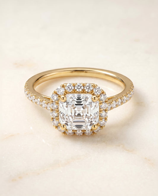 The Dylan Halo Engagement Ring Setting for Asscher Diamonds in 18K Yellow Gold