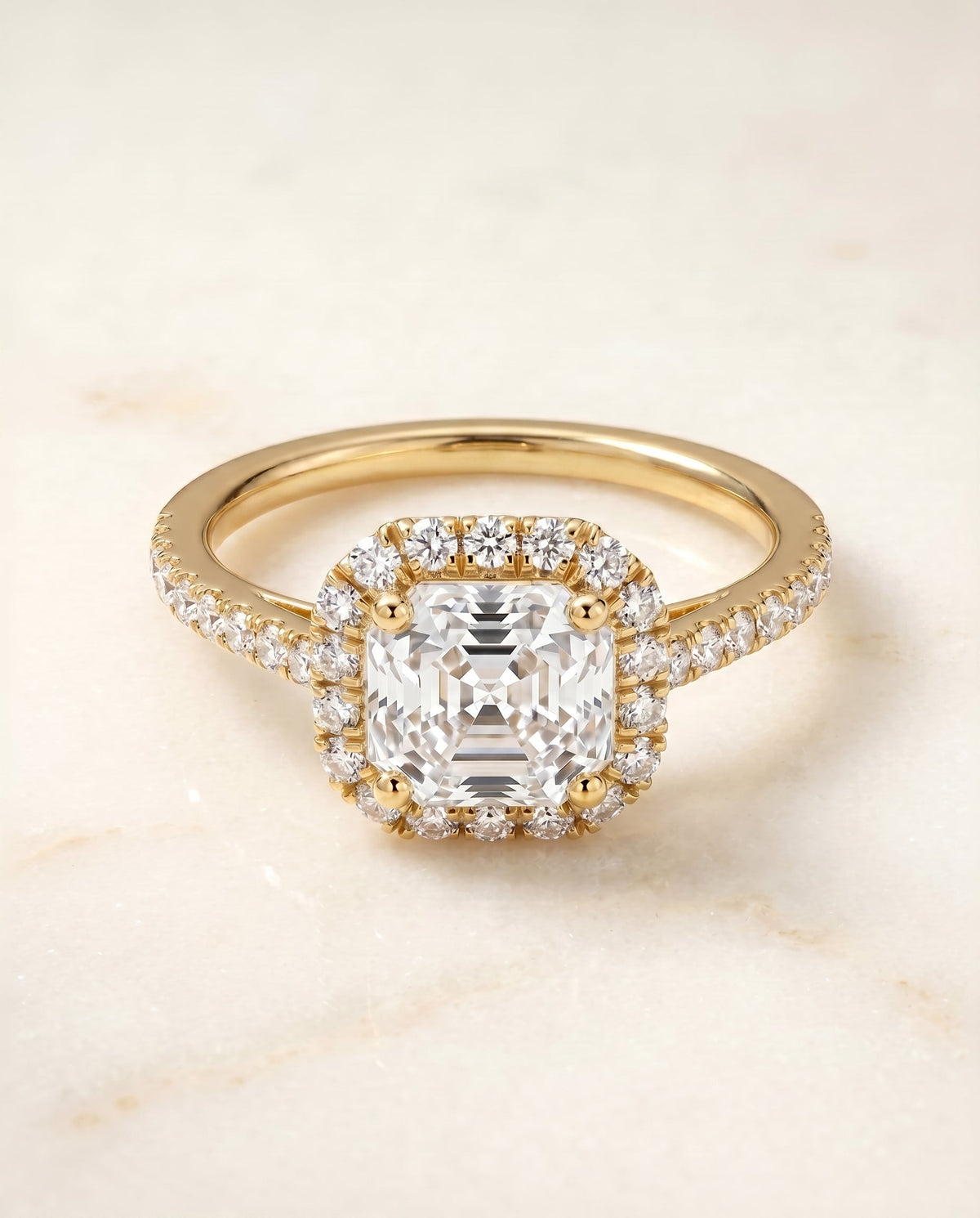 Dylan Select Halo Asscher Cut Lab Diamond Engagement Ring in 18K Yellow Gold, shown on hand, angled | RockHer