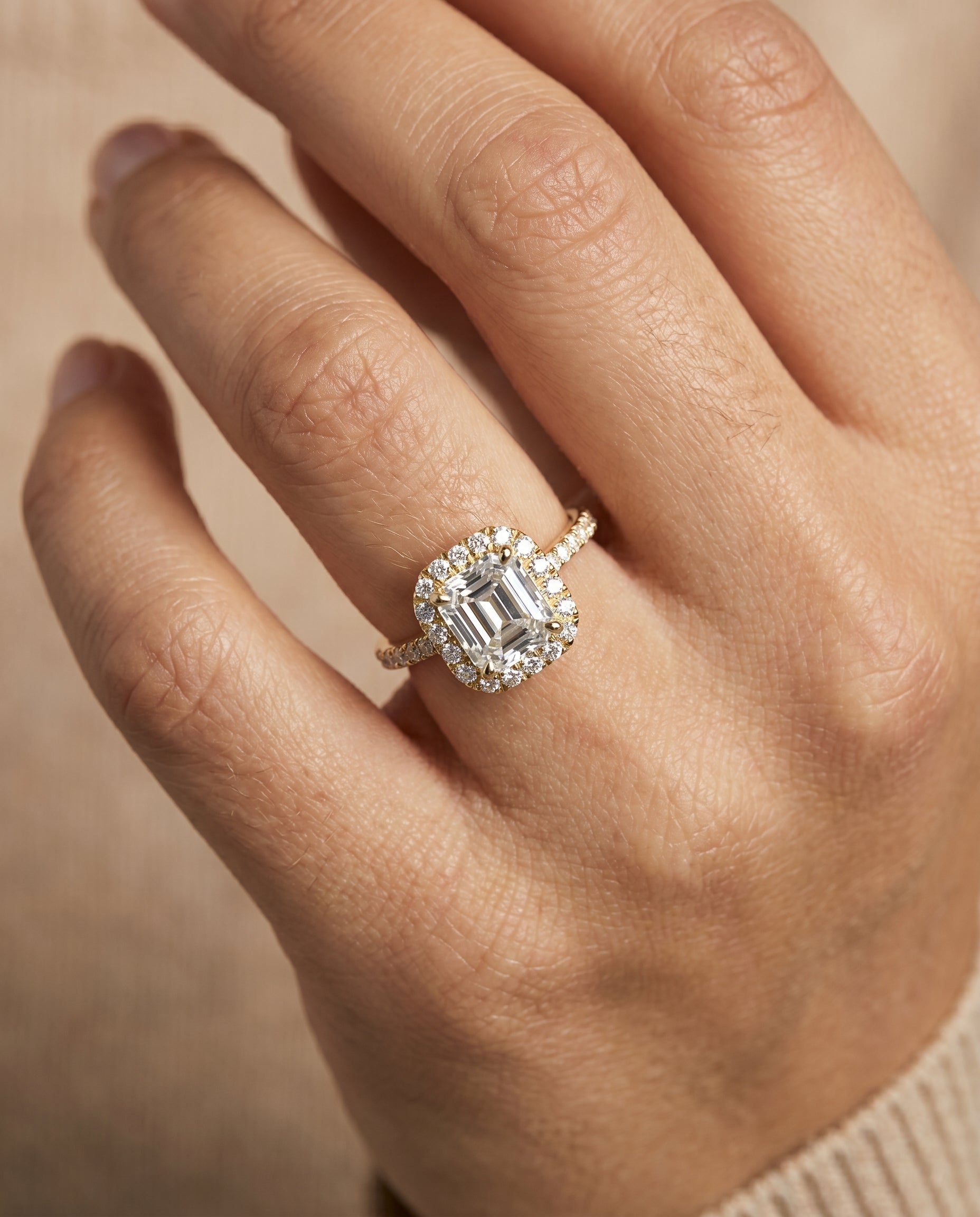 The Dylan engagement ring setting in 18K Yellow Gold, petite french pavé halo cut design | RockHer