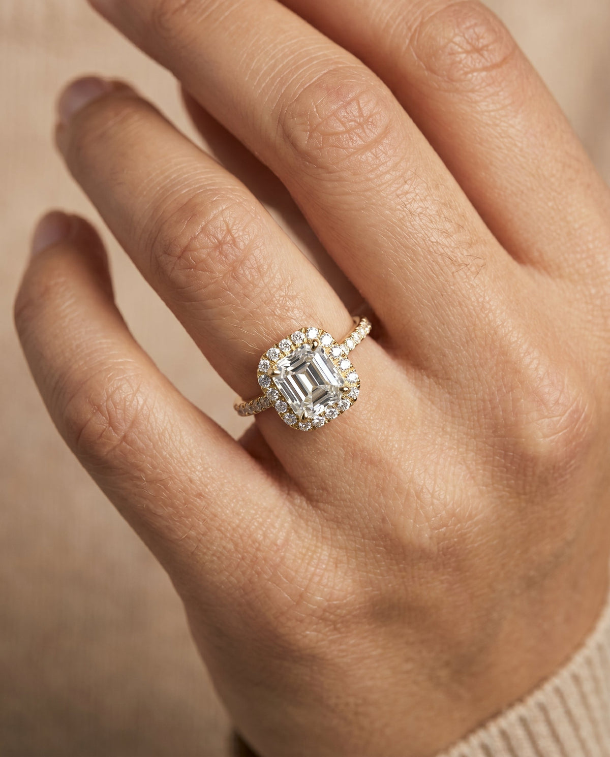 Dylan Select Halo Asscher Cut Lab Diamond Engagement Ring in 18K Yellow Gold, shown on hand | RockHer