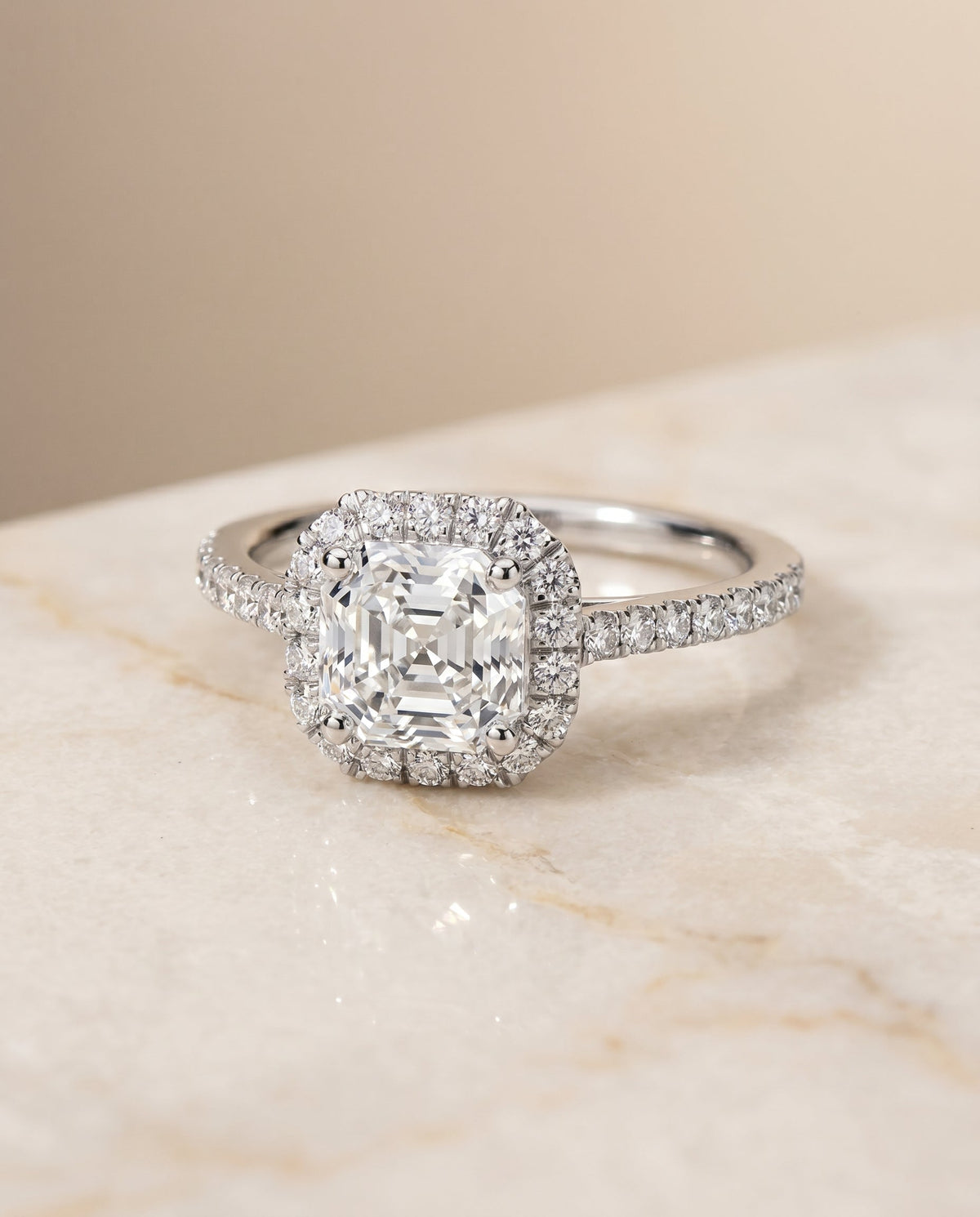 Dylan Select Halo Asscher Cut Lab Diamond Engagement Ring in 18K White Gold, alternate angle | RockHer