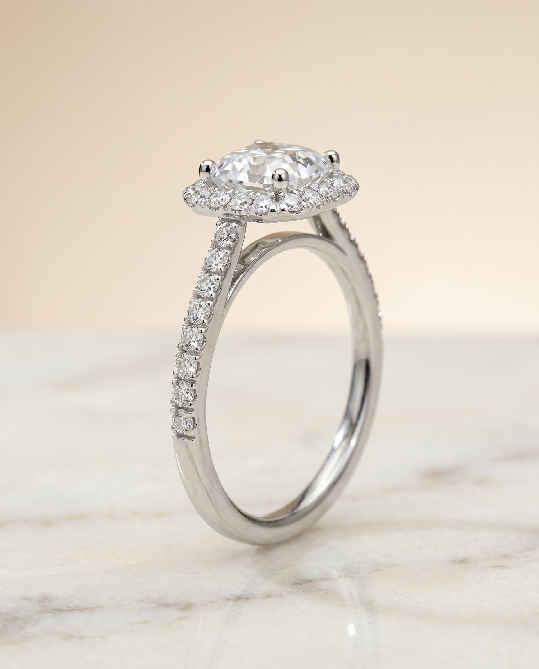Petite French Pavé Halo Cut styling on The Dylan asscher engagement ring setting | RockHer