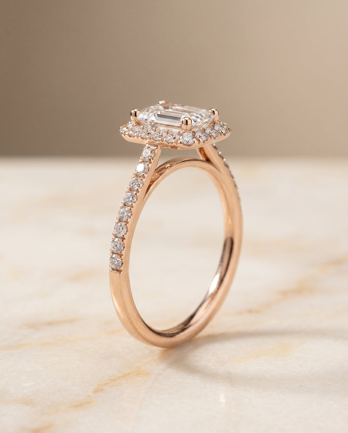Dylan Select Halo Emerald Cut Lab Diamond Engagement Ring in 14K Rose Gold, front view | RockHer