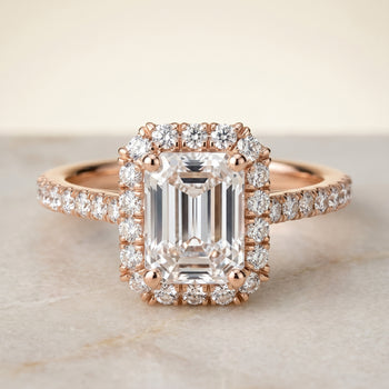 The Dylan Petite French Pavé Halo Emerald Cut Engagement Ring Setting in 14K Rose Gold