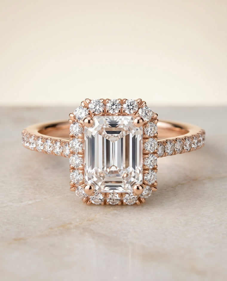 The Dylan Petite French Pavé Halo Emerald Cut Engagement Ring Setting in 14K Rose Gold