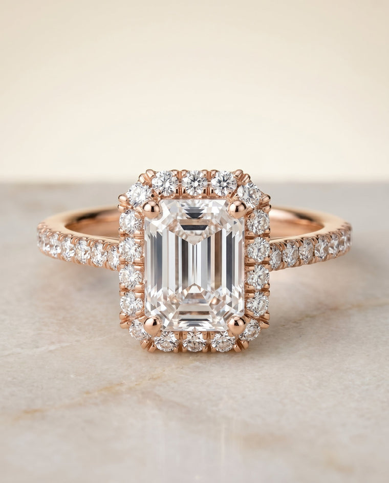 The Dylan Select Halo Emerald Cut Lab Diamond Engagement Ring in 14K Rose Gold