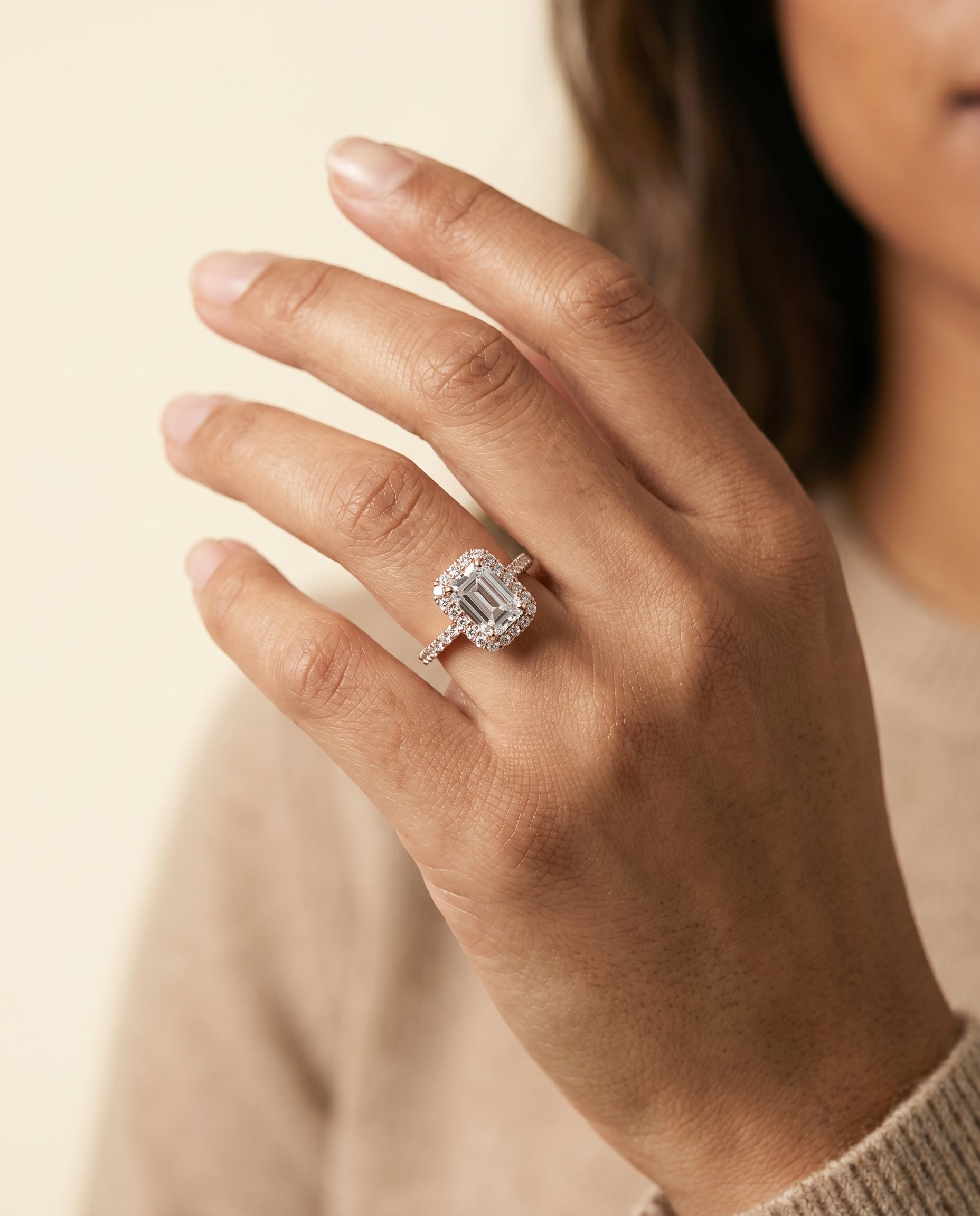 The Dylan engagement ring setting in 14K Rose Gold, petite french pavé halo cut design | RockHer