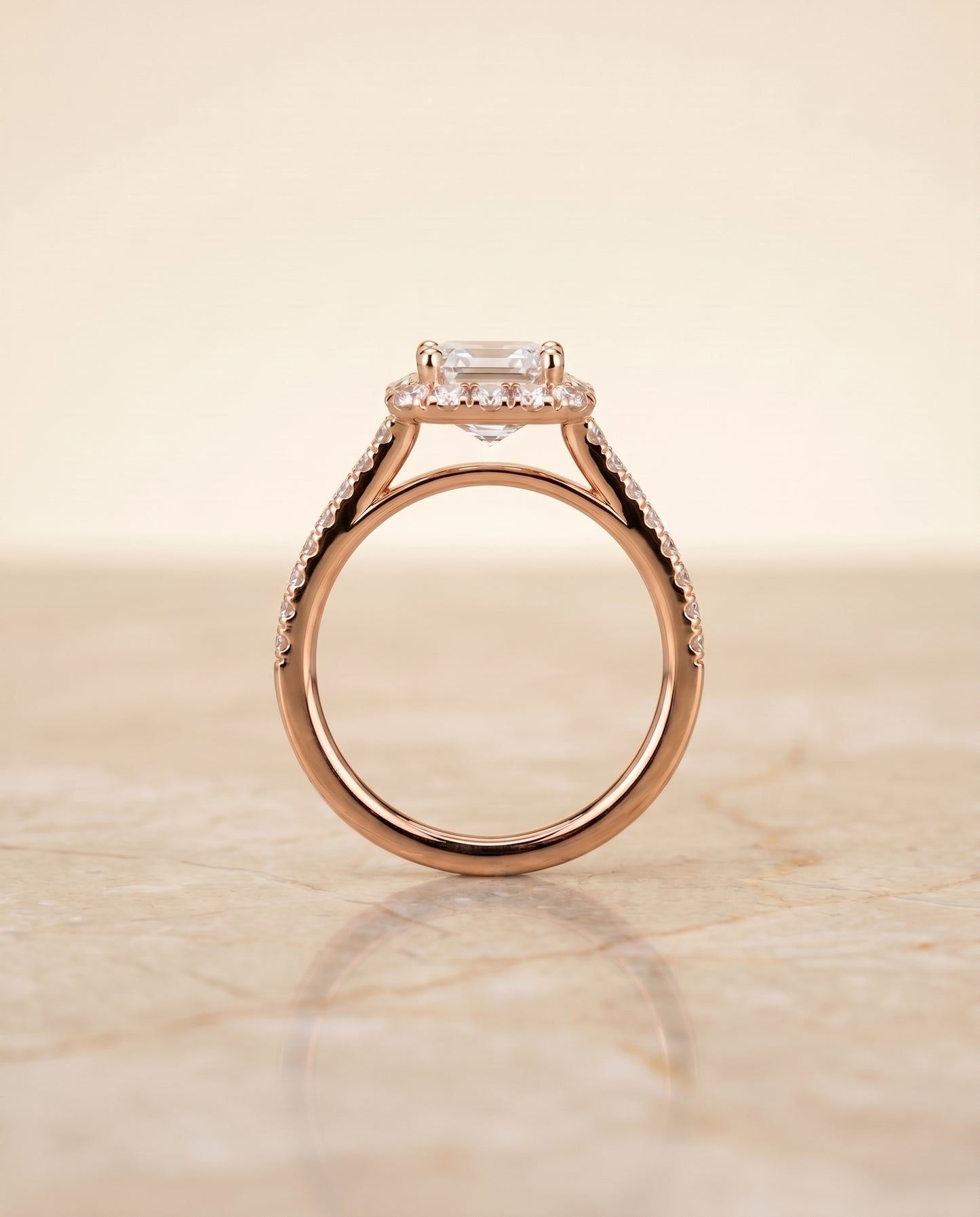 The Dylan Petite French Pavé Halo Emerald Cut Engagement Ring Setting in 14K Rose Gold