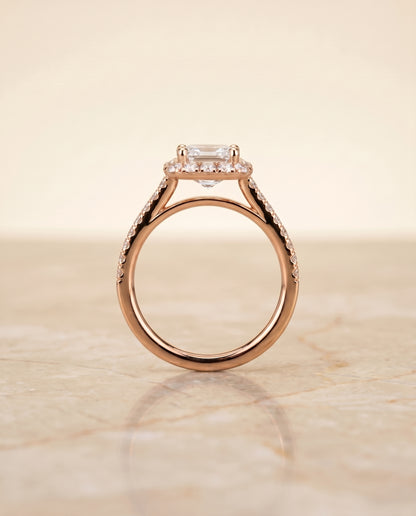 The Dylan Petite French Pavé Halo Emerald Cut Engagement Ring Setting in 14K Rose Gold