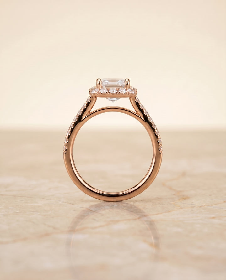 The Dylan Petite French Pavé Halo Emerald Cut Engagement Ring Setting in 14K Rose Gold