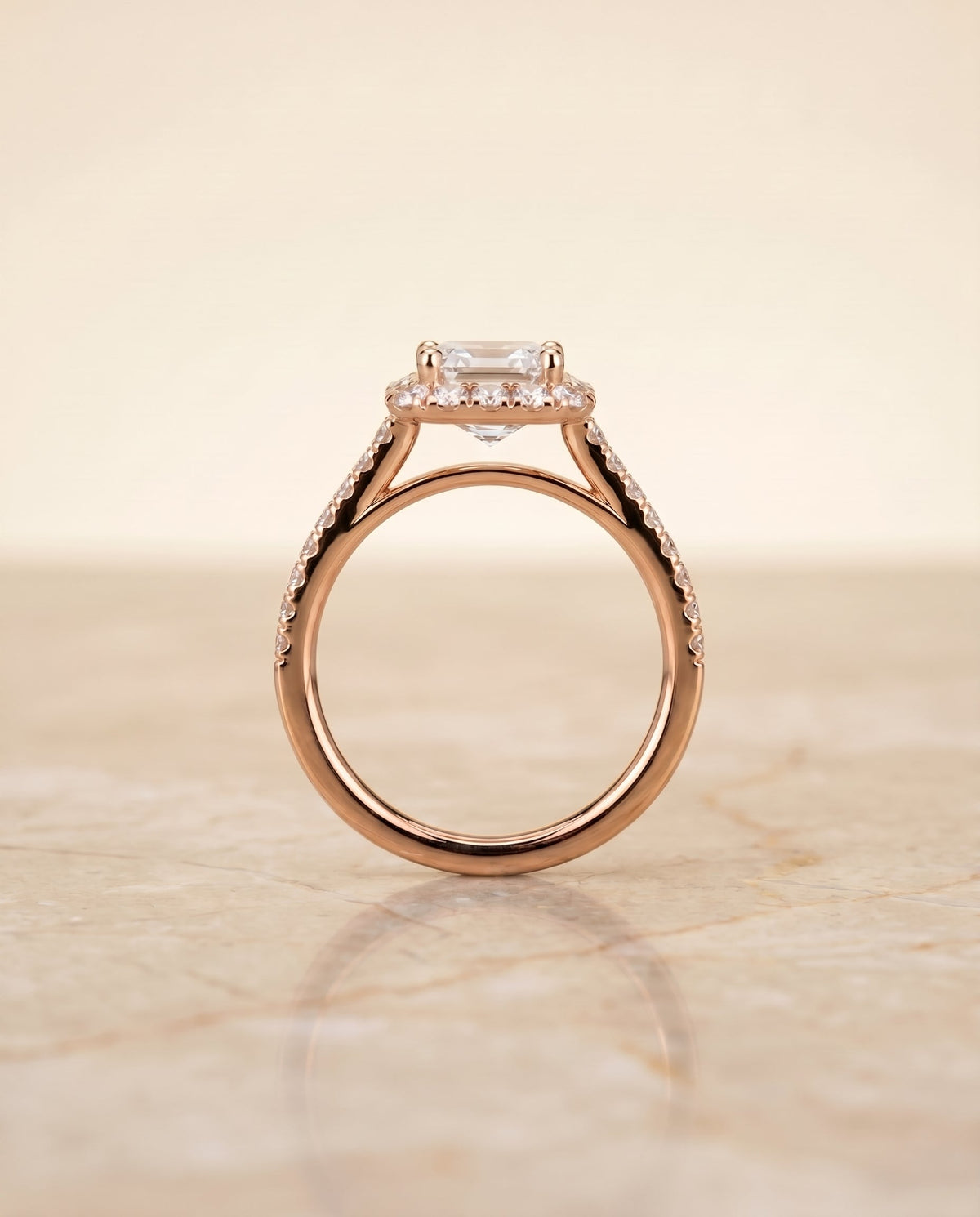 Dylan Select Halo Emerald Cut Lab Diamond Engagement Ring in 14K Rose Gold, side view | RockHer