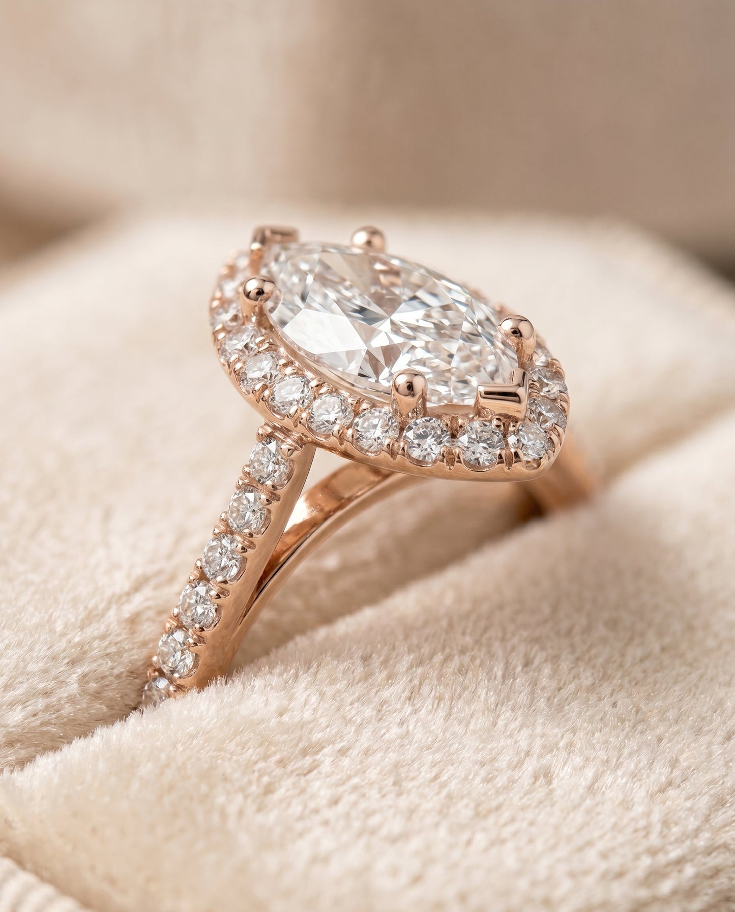 Dylan Select Halo Marquise Lab Diamond Engagement Ring in 14K Rose Gold, detail view | RockHer