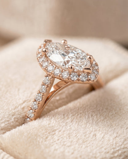 Dylan Select Halo Marquise Lab Diamond Engagement Ring in 14K Rose Gold, detail view | RockHer