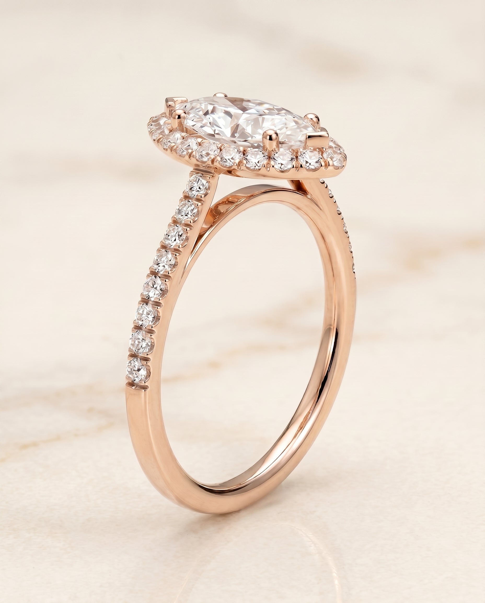 Petite French Pavé Halo styling on The Dylan marquise engagement ring setting | RockHer