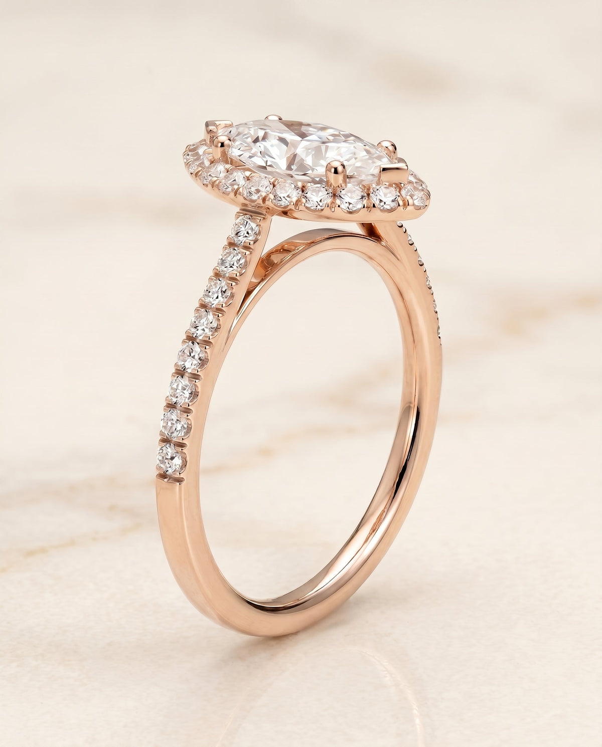Dylan Select Halo Marquise Lab Diamond Engagement Ring in 14K Rose Gold, front view | RockHer
