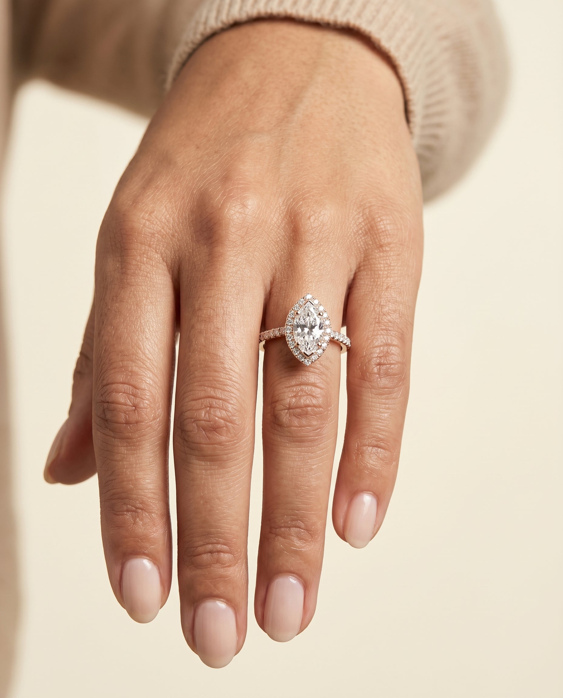 The Dylan engagement ring setting in 14K Rose Gold, petite french pavé halo design | RockHer