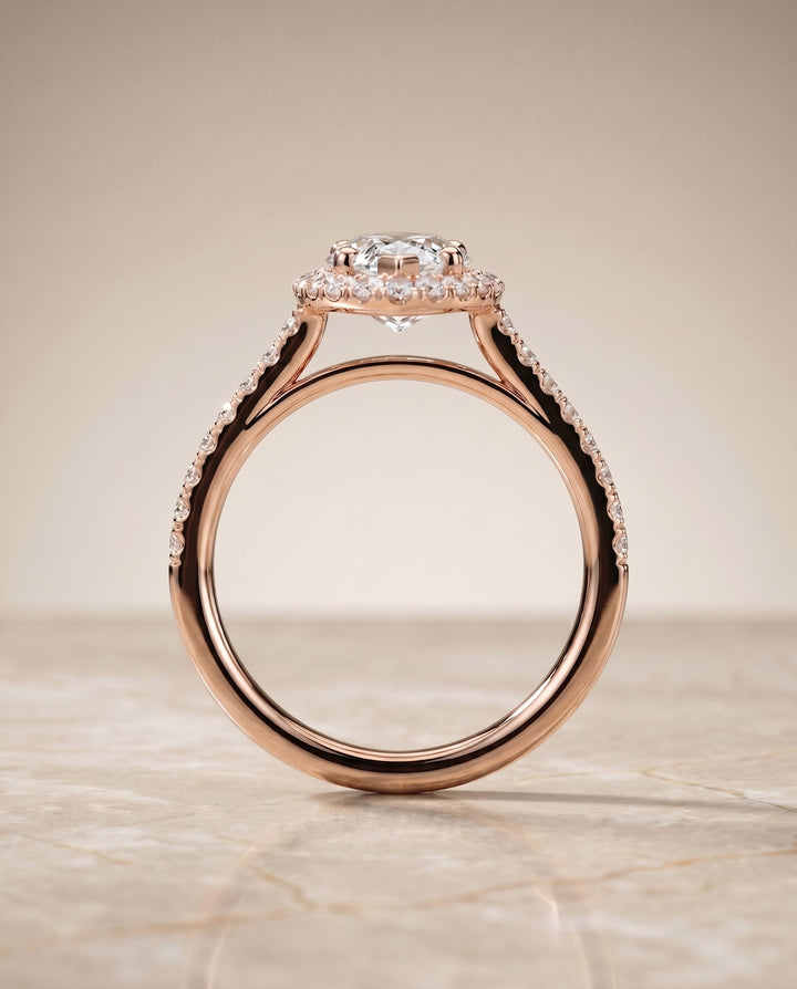 Dylan Select Halo Marquise Lab Diamond Engagement Ring in 14K Rose Gold, side view | RockHer
