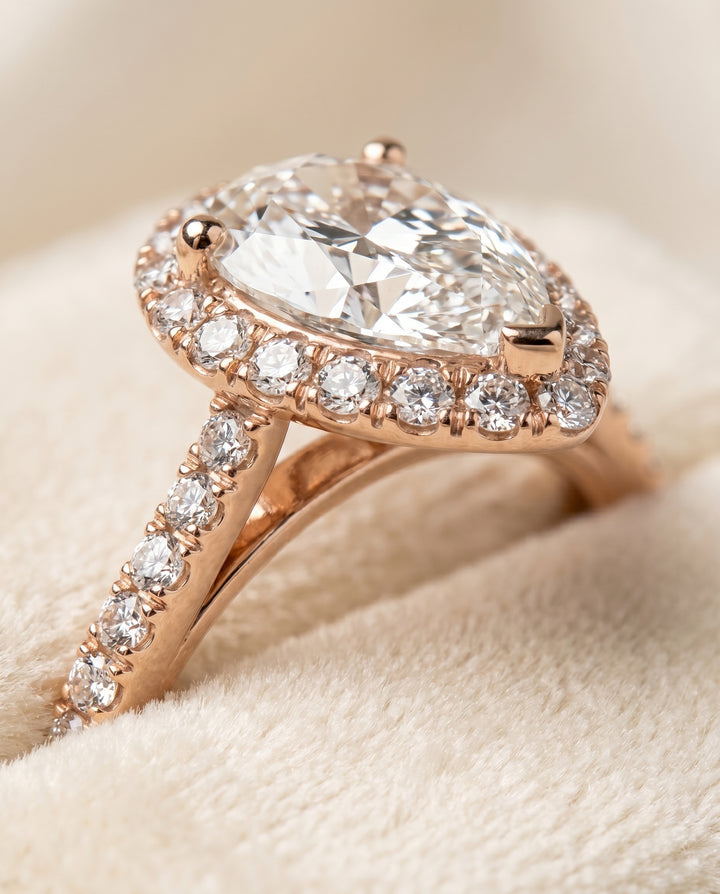 The Dylan Petite French Pavé Halo Pear Engagement Ring Setting in 14K Rose Gold