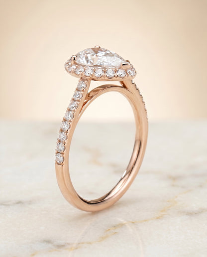 Dylan Select Halo Pear Lab Diamond Engagement Ring in 14K Rose Gold, front view | RockHer
