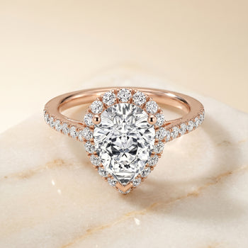 The Dylan Petite French Pavé Halo Pear Engagement Ring Setting in 14K Rose Gold