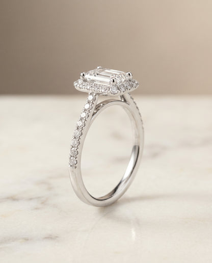 The Dylan Petite French Pavé Halo Emerald Cut Engagement Ring Setting in 18K White Gold