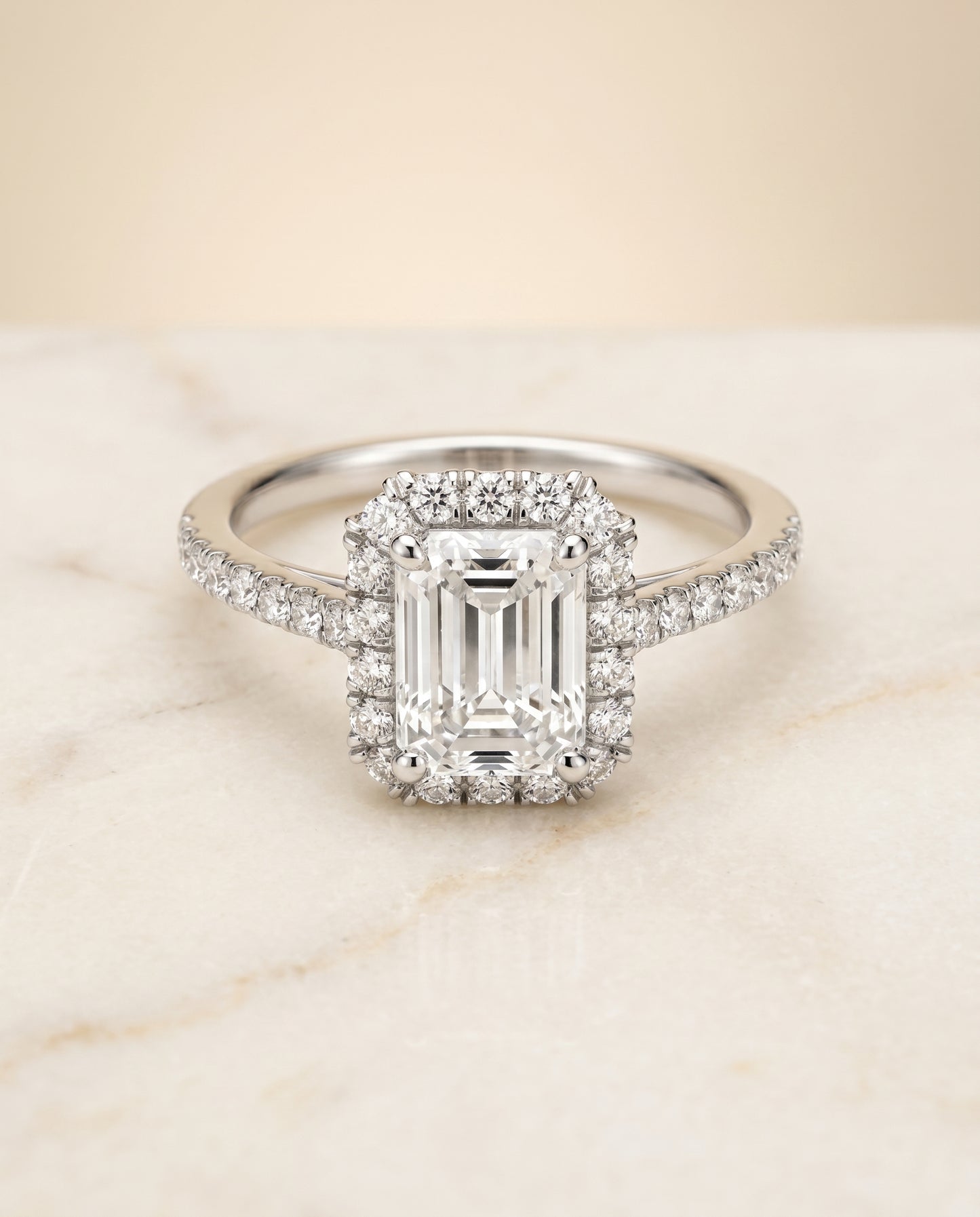 The Dylan Pavé Halo Engagement Ring Setting for Emerald Cut Diamonds in 18K White Gold | RockHer