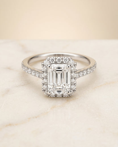The Dylan Pavé Halo Engagement Ring Setting for Emerald Cut Diamonds in 18K White Gold | RockHer