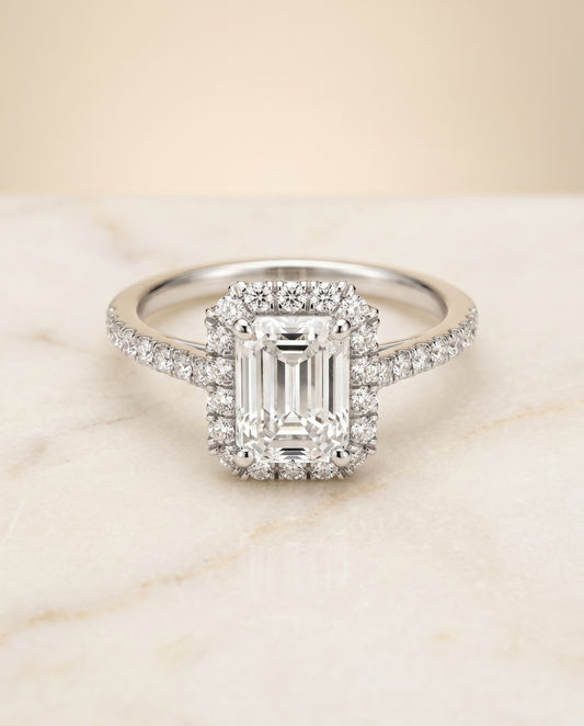 The Dylan Pavé Halo Engagement Ring Setting for Emerald Cut Diamonds in 18K White Gold | RockHer