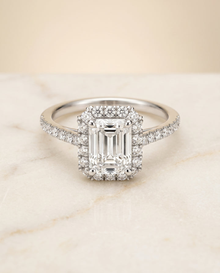 The Dylan Pavé Halo Engagement Ring Setting for Emerald Cut Diamonds in 18K White Gold | RockHer