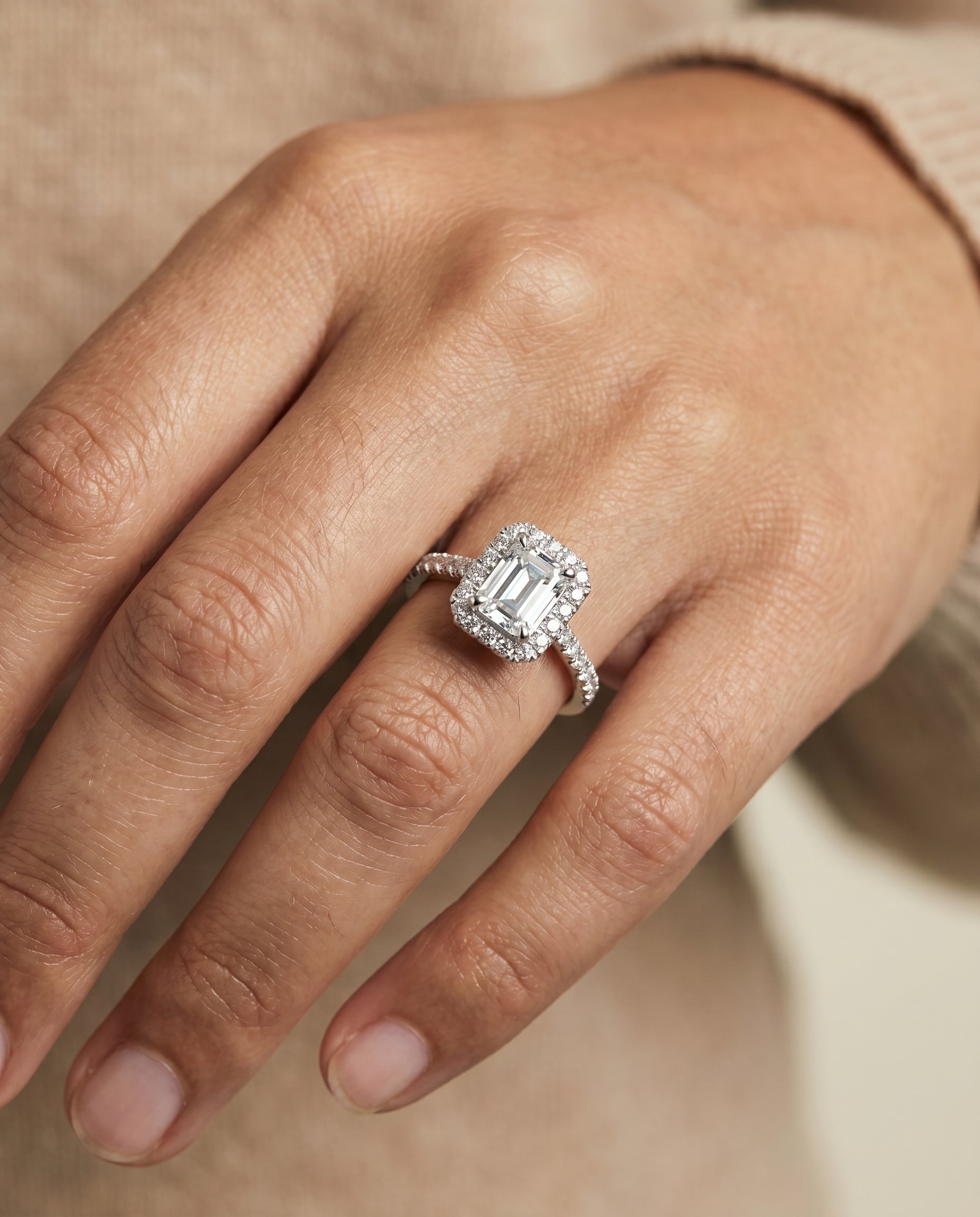 The Dylan engagement ring setting in Platinum, petite french pavé halo cut design | RockHer