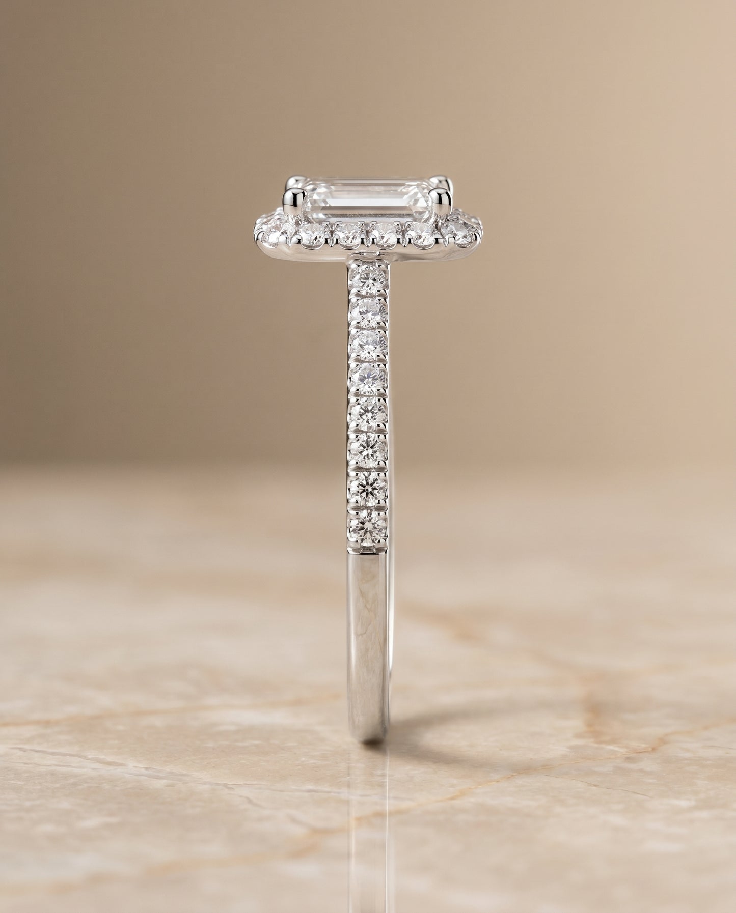 The Dylan Pavé Halo Engagement Ring Setting for Emerald Cut Diamonds in 18K White Gold