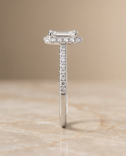 The Dylan Petite French Pavé Halo Emerald Cut Engagement Ring Setting in 18K White Gold