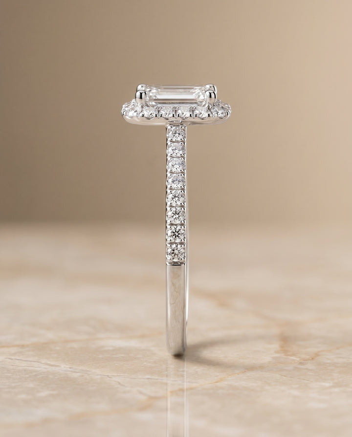 The Dylan Pavé Halo Engagement Ring Setting for Emerald Cut Diamonds in 18K White Gold
