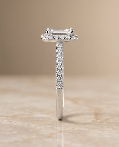 Dylan Select Petite French Pavé Halo Emerald Cut Lab Diamond Engagement Ring in Platinum, side view | RockHer