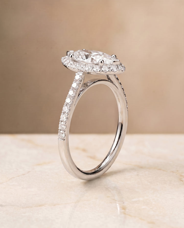 The Dylan Pavé Halo Engagement Ring Setting for Marquise Diamonds in 18K White Gold