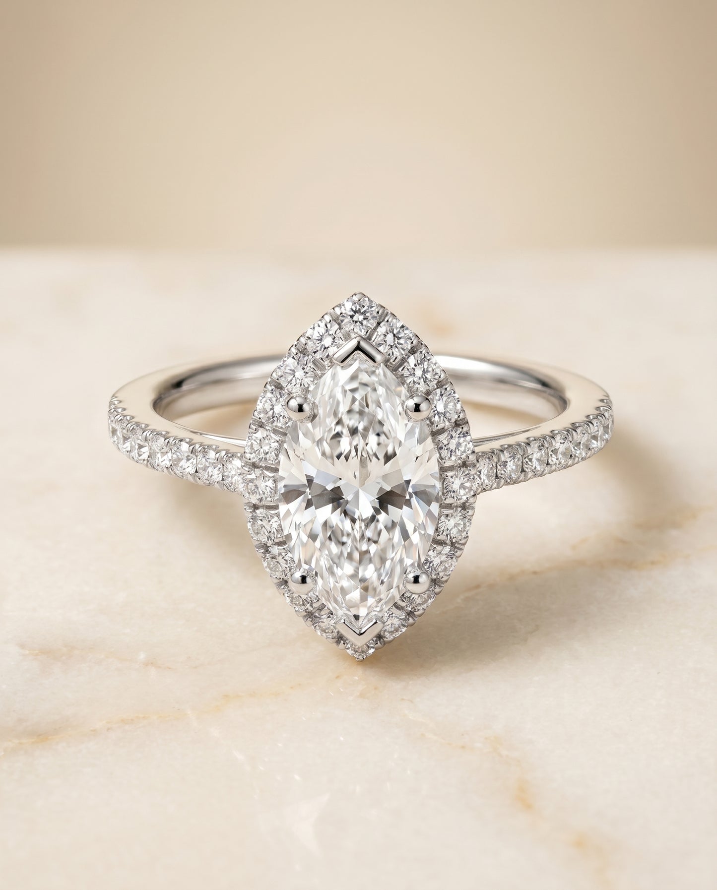 The Dylan Pavé Halo Engagement Ring Setting for Marquise Diamonds in 18K White Gold