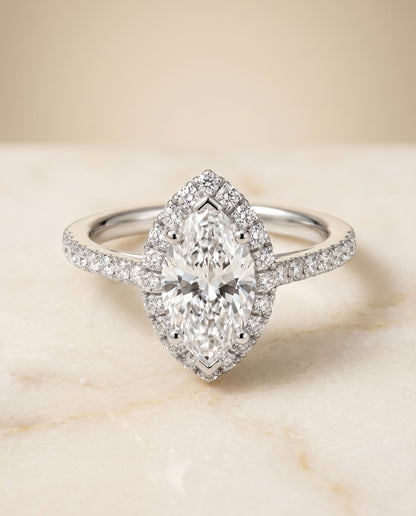 The Dylan Petite French Pavé Halo Marquise Engagement Ring Setting in 18K White Gold