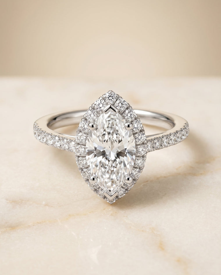 The Dylan Select Petite French Pavé Halo Marquise Lab Diamond Engagement Ring in Platinum