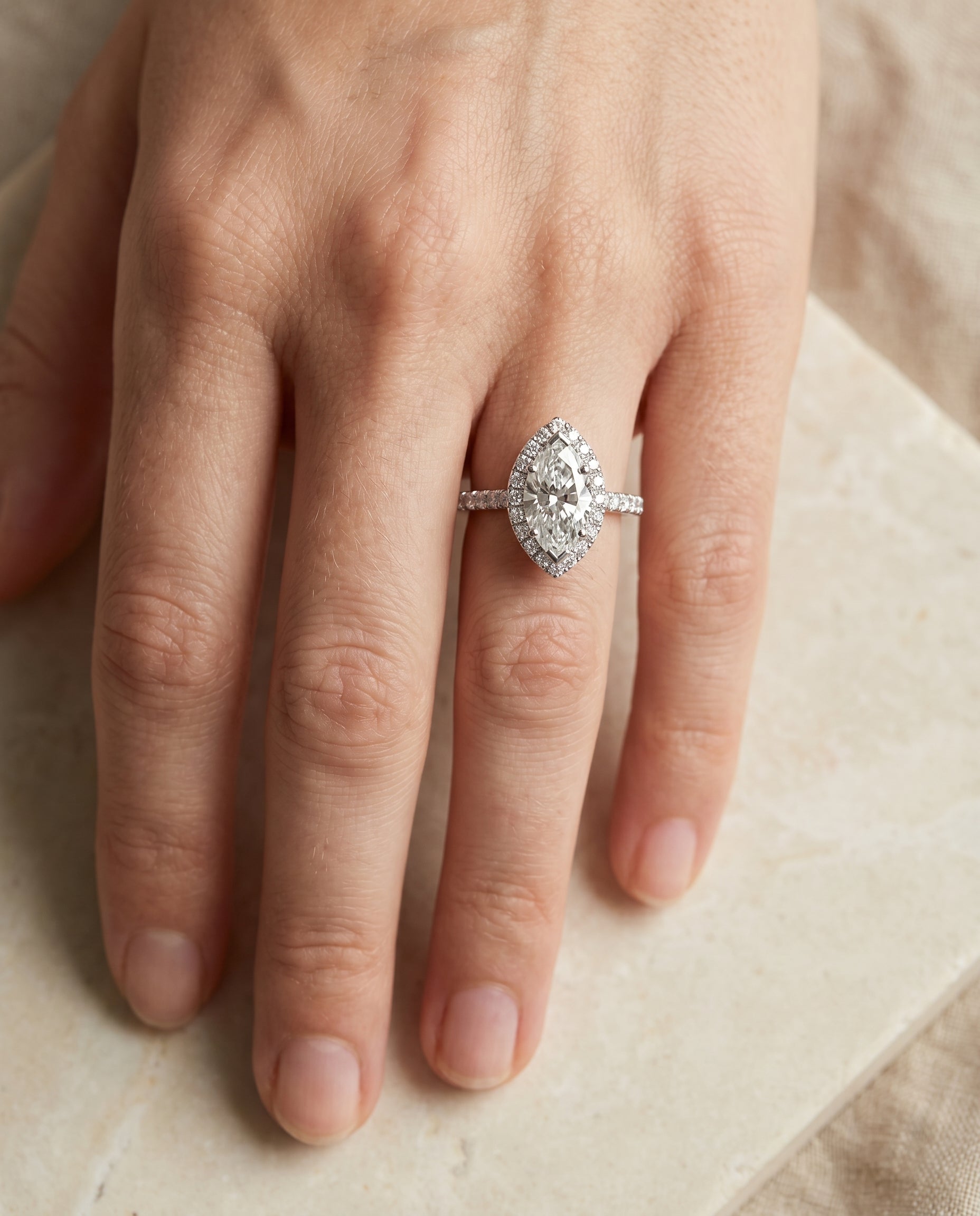 The Dylan engagement ring setting in Platinum, petite french pavé halo design | RockHer