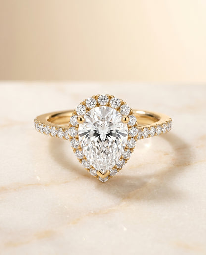 The Dylan Petite French Pavé Halo Pear Engagement Ring Setting in 18K Yellow Gold