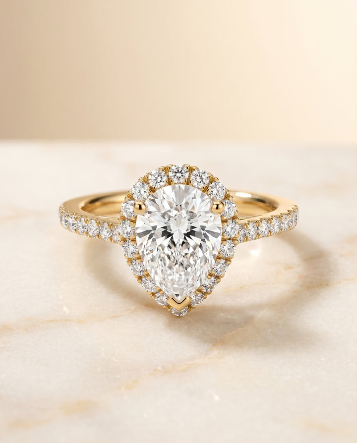 The Dylan Petite French Pavé Halo Pear Engagement Ring Setting in 18K Yellow Gold
