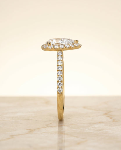 Dylan Select Halo Pear Lab Diamond Engagement Ring in 18K Yellow Gold, side view | RockHer