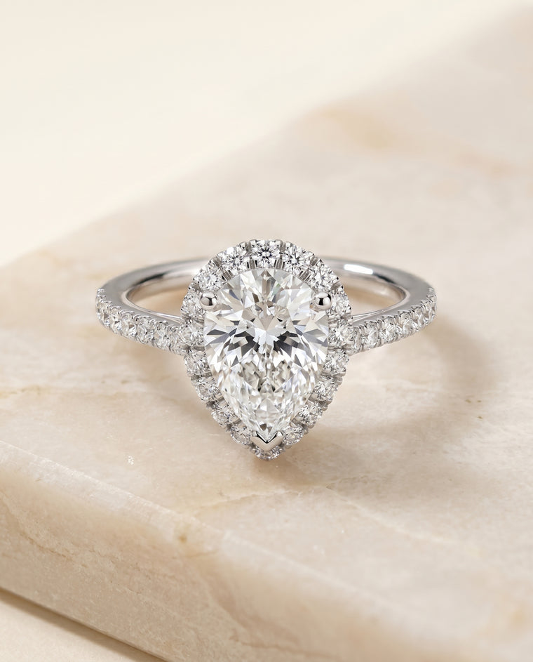 The Dylan Petite French Pavé Halo Pear Engagement Ring Setting in 18K White Gold