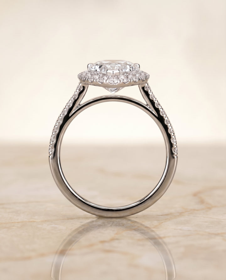 The Dylan Pavé Halo Engagement Ring Setting for Pear Diamonds in 18K White Gold