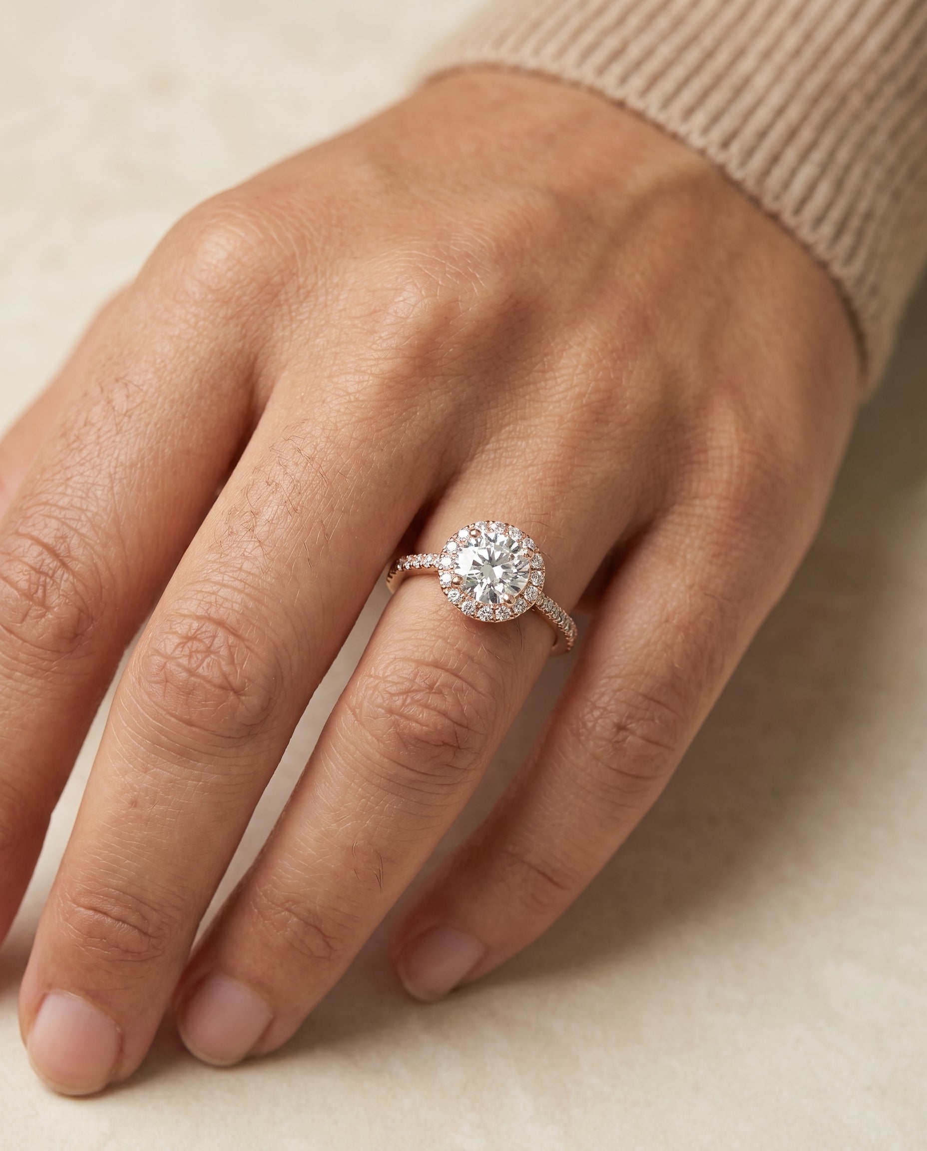 The Dylan engagement ring setting in 14K Rose Gold, petite french pavé halo design | RockHer