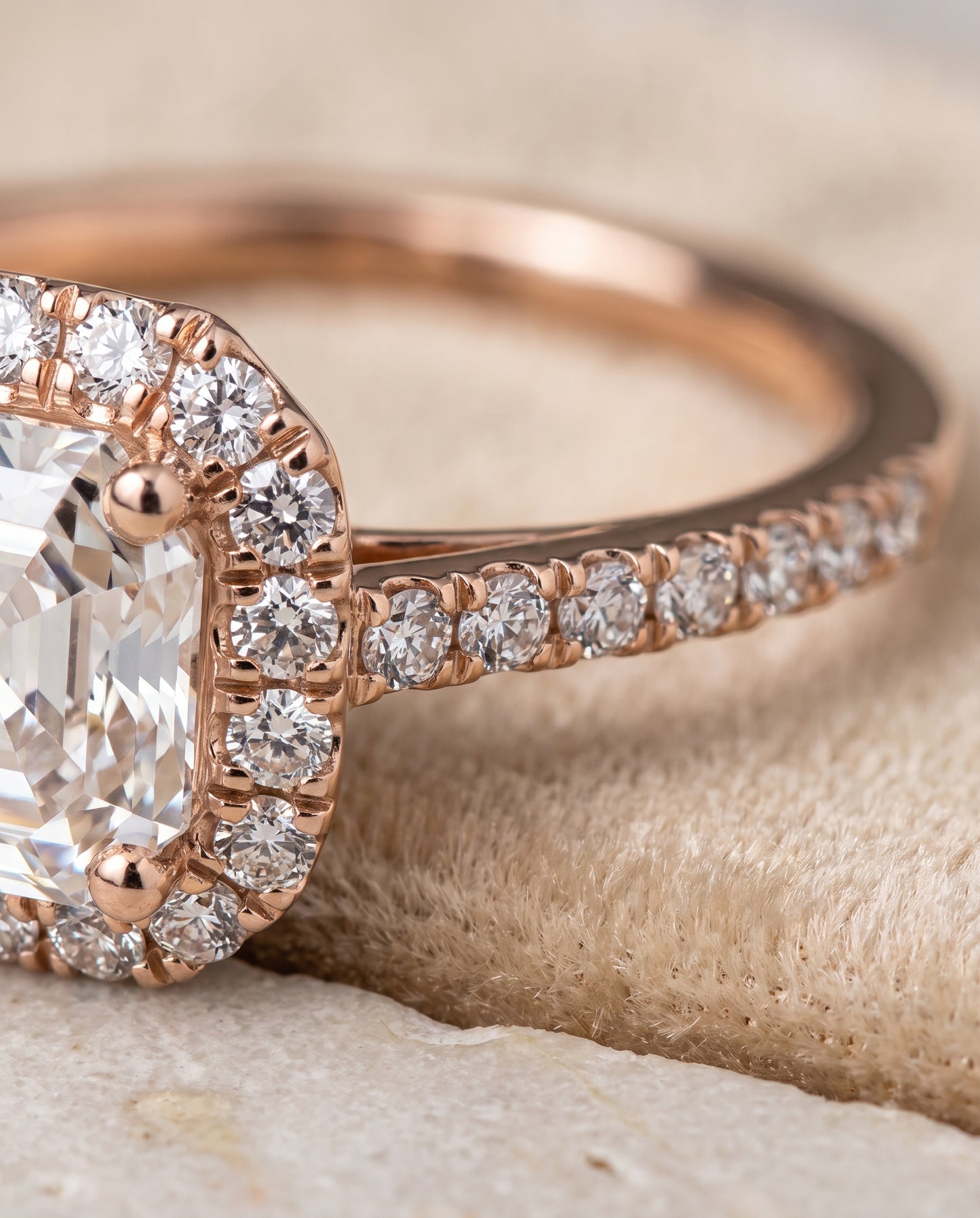 The Dylan Petite French Pavé Halo Asscher Cut Engagement Ring Setting in 14K Rose Gold